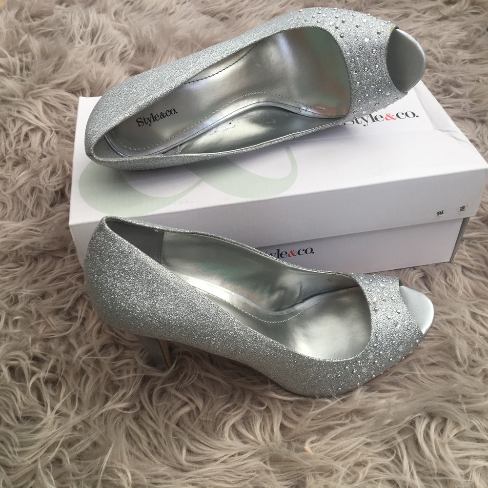 Silver peep toe shoes
